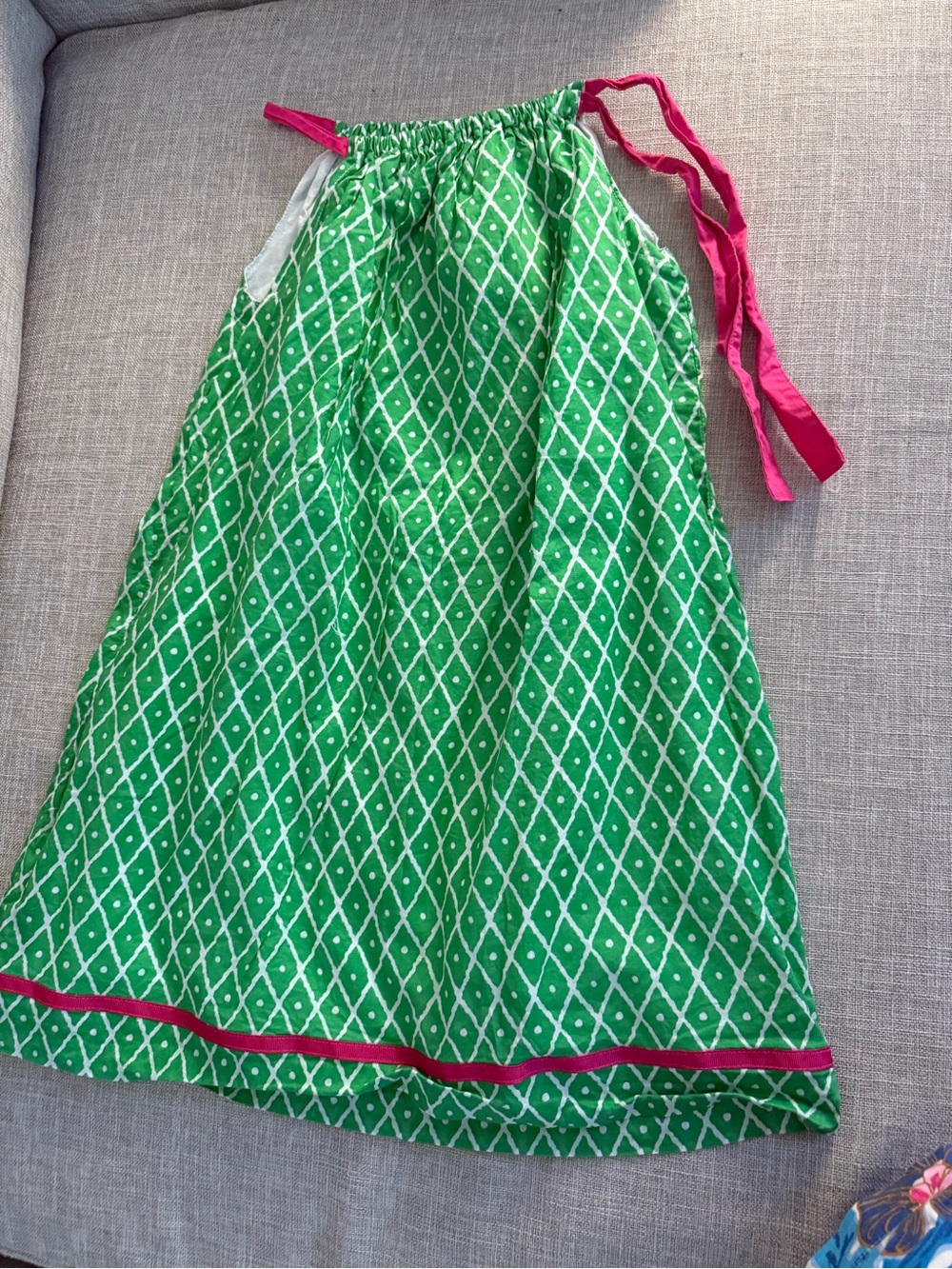 Girls Green Diamond-Print Halter Dress with Pink Tie